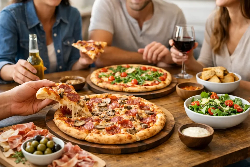 Repas convivial entre amis pizza bien pensé